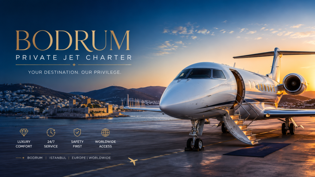 BODRUM PRIVATE JET CHARTER luxury private jet parked at sunset with Bodrum Castle and coastline in the background, offering VIP aviation and exclusive travel services in Turkey.