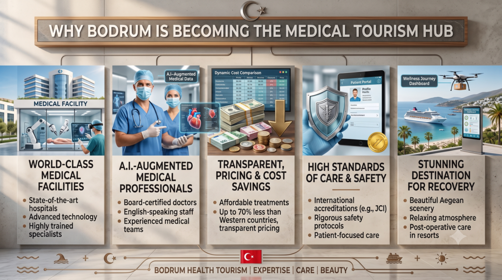 Medical Tourism Hub of the Greek Islands – Bodrum offers world-class hair transplants, dental treatments, cosmetic surgery, luxury recovery hotels, and fast access from the Greek Islands.