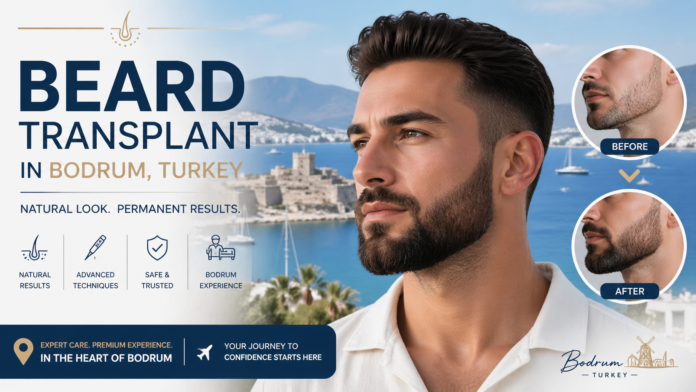 BEARD TRANSPLANT IN BODRUM, TURKEY promotional banner showing a confident man with a full beard, Bodrum marina and castle background, before and after beard transplant results, luxury medical tourism concept in Turkey.