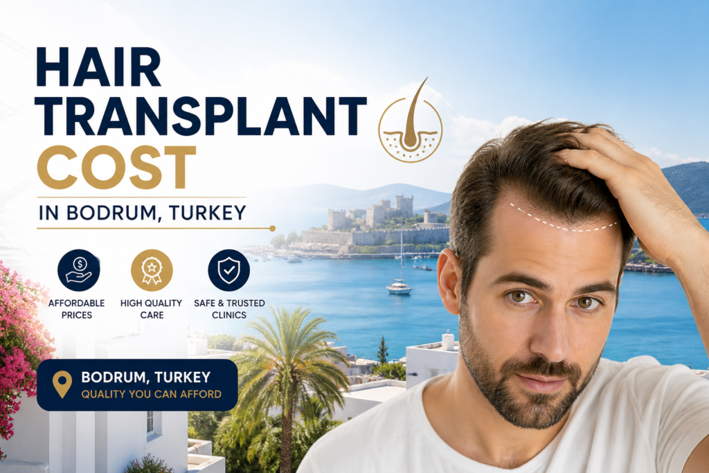 HAIR TRANSPLANT COST IN BODRUM, TURKEY modern clinic concept showing hairline design and affordable high-quality treatment by the seaside