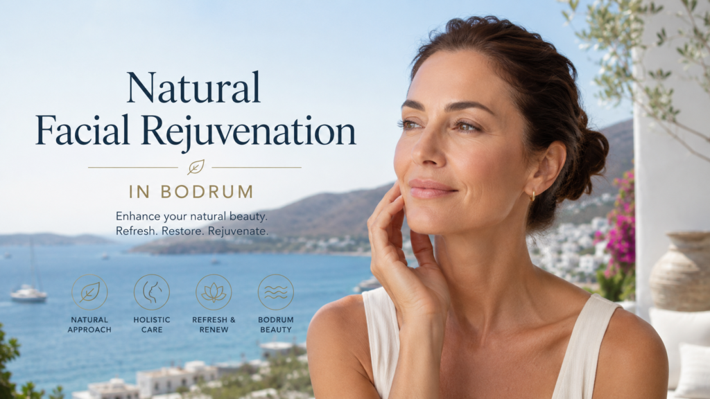 Natural Facial Rejuvenation in Bodrum luxury aesthetic treatment concept featuring a naturally beautiful mature woman with glowing skin overlooking the Bodrum coastline, holistic anti-aging facial rejuvenation, non-surgical aesthetic treatments, Mediterranean wellness atmosphere, premium beauty clinic in Bodrum Turkey Natural Facial Rejuvenation in Bodrum