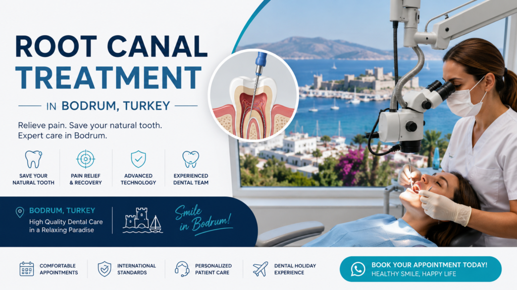 ROOT CANAL TREATMENT IN BODRUM, TURKEY – Modern dental clinic in Bodrum providing advanced root canal treatment with experienced dentists, state-of-the-art technology, and comfortable care overlooking the beautiful Bodrum coastline.