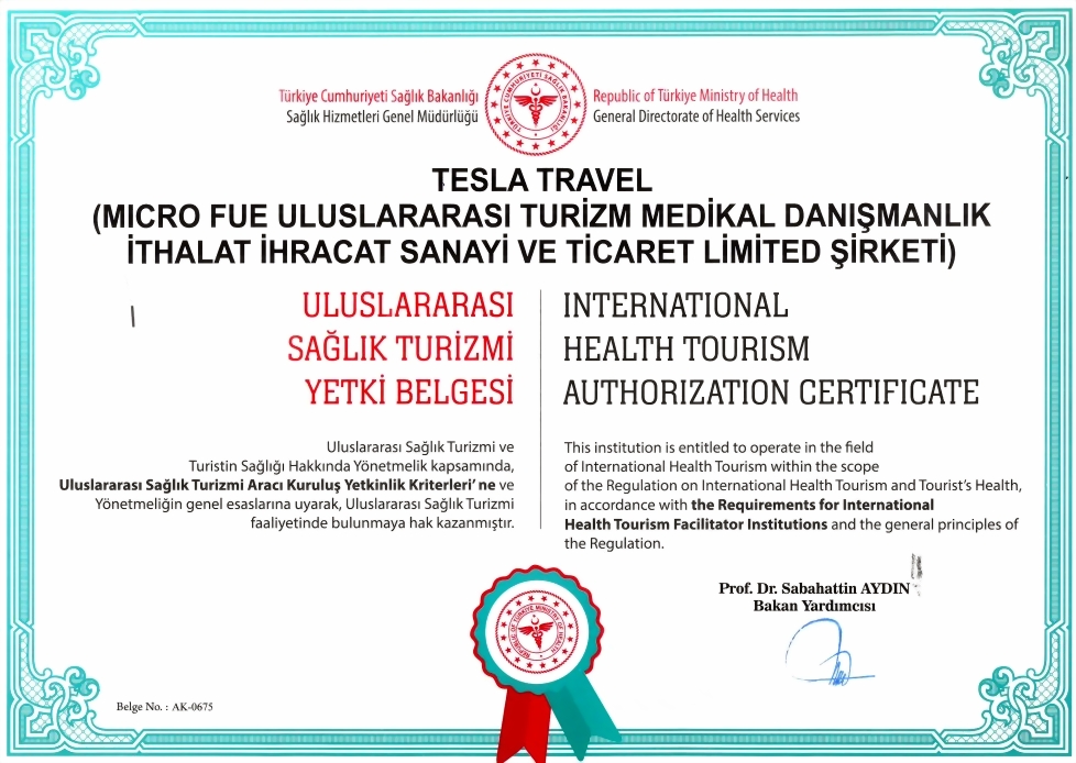 TESLA TRAVEL BODRUM INTERNATIONAL HEALTH TOURISM AUTHORITY CERTIFICATE INTERNATIONAL HEALTH TOURISM AUTHORIZATION CERTIFICATE